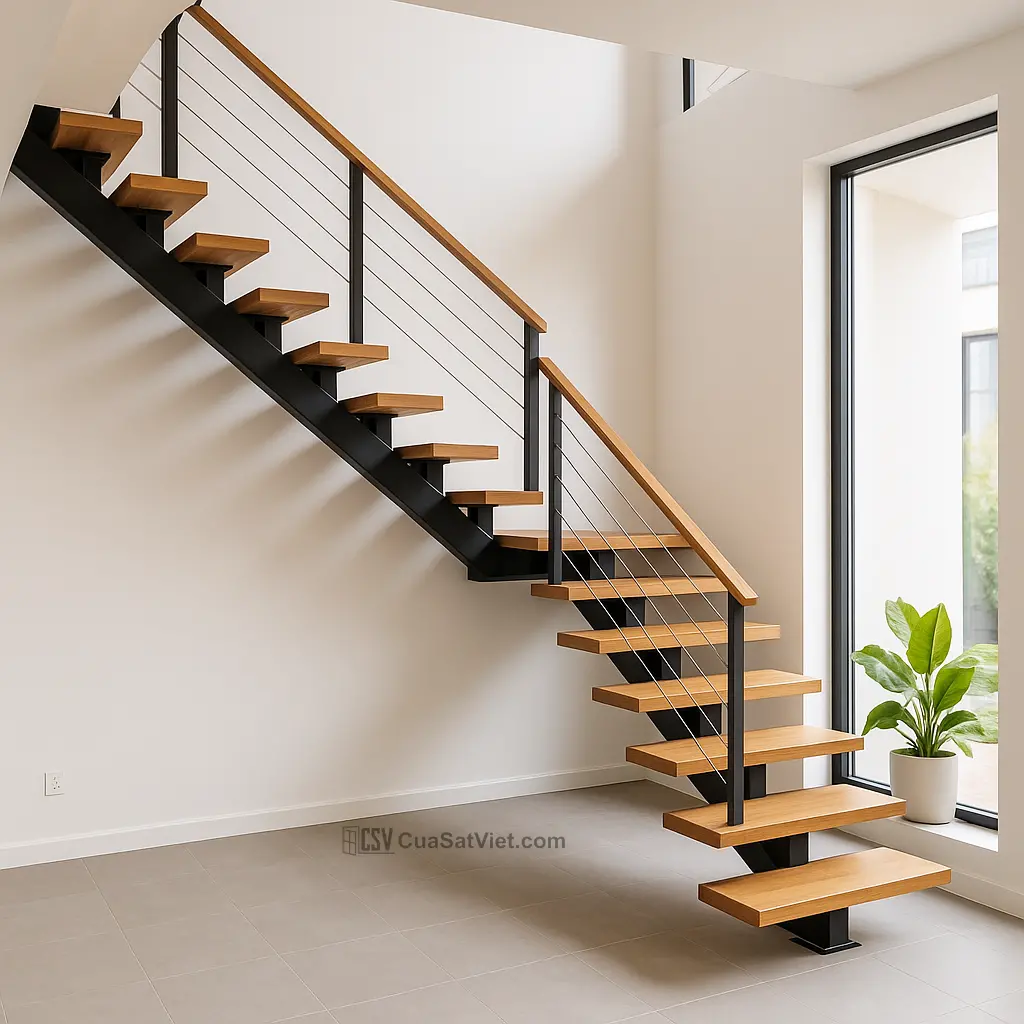 Phong cách cầu thang sắt 2 tầng kết hợp hài hòa với kiến trúc tổng thể