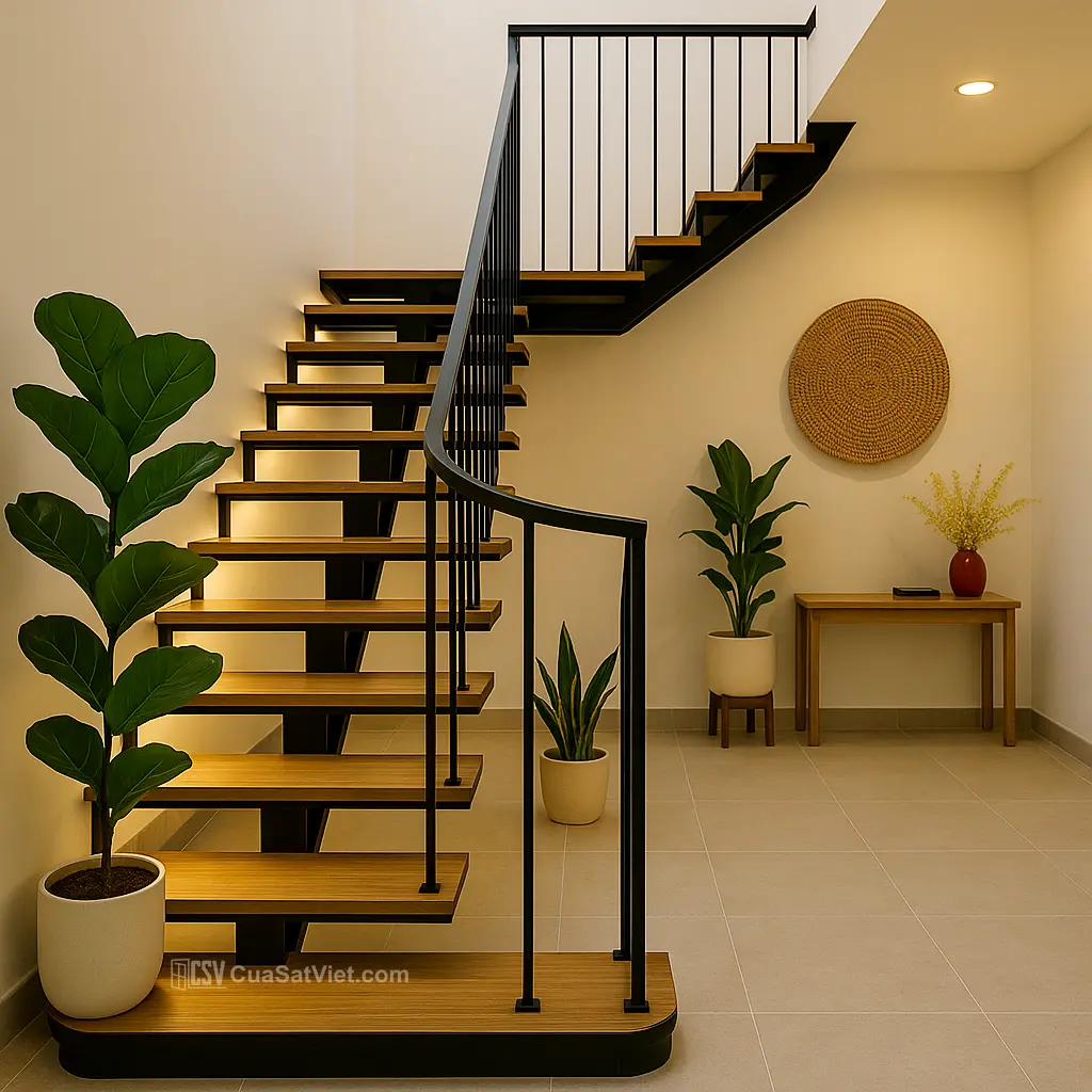 Kiểu cầu thang sắt bậc thang gỗ với kết cấu chắc chắn và đẹp mắt