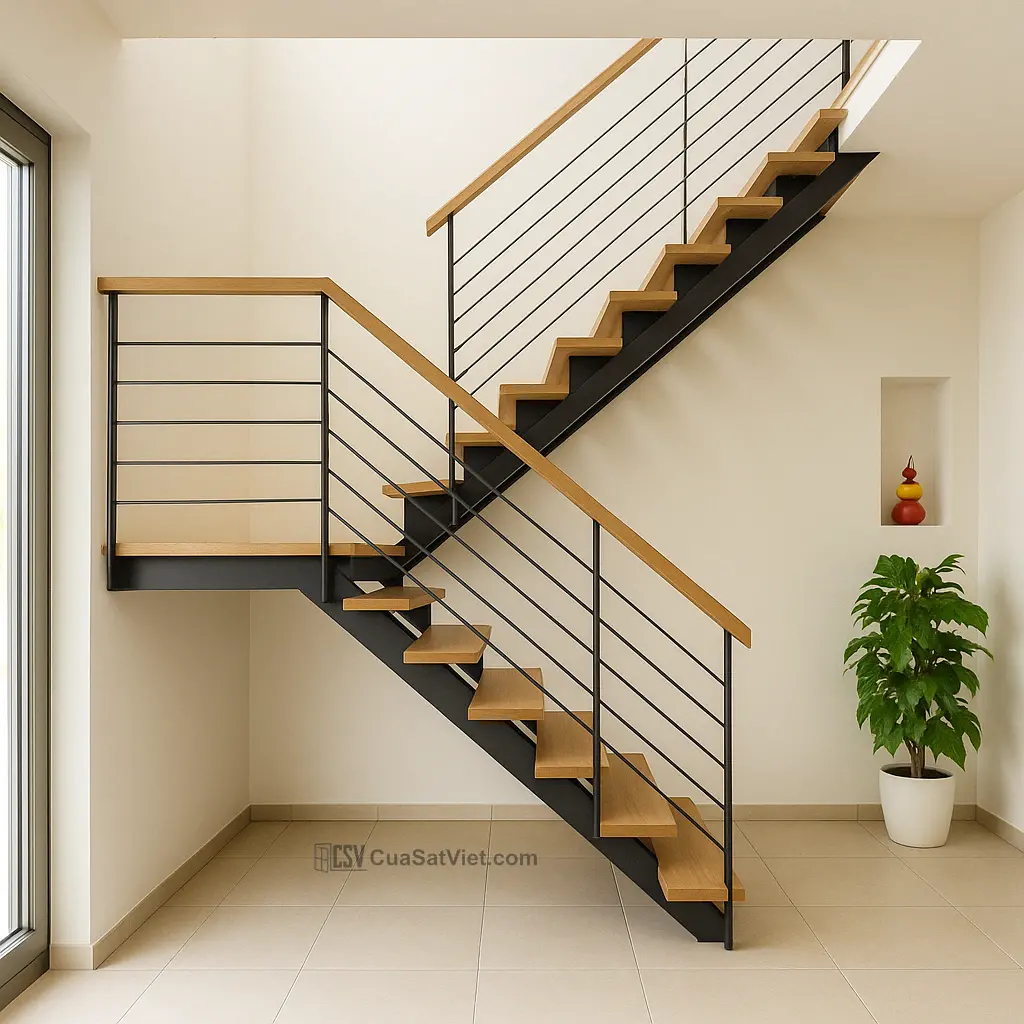 Mẫu cầu thang sắt tay vịn gỗ đẹp giúp không gian trở nên sang trọng và thu hút ánh nhìn