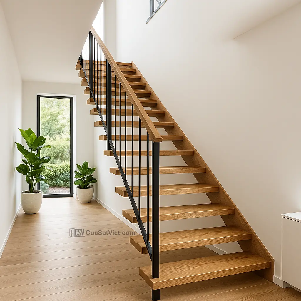 Tay oval kết hợp cầu thang sắt gỗ tạo nên cảm giác mềm mại và tiện nghi
