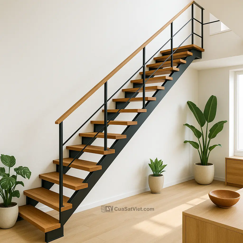 Lắp ráp dễ dàng là ưu điểm lớn của cầu thang sắt tay vịn gỗ hiện đại