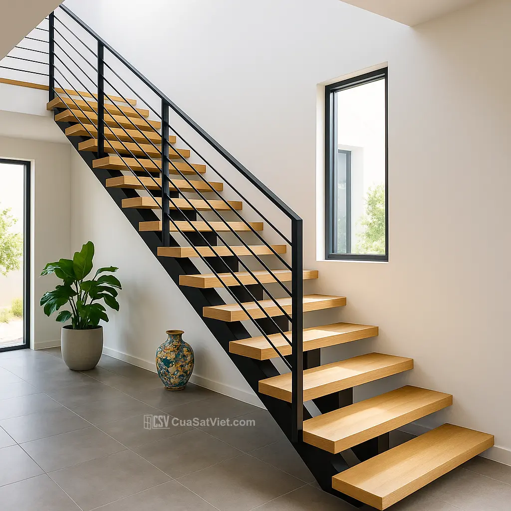 Nhà tầng cần cầu thang sắt tay vịn gỗ chắc chắn và đảm bảo an toàn