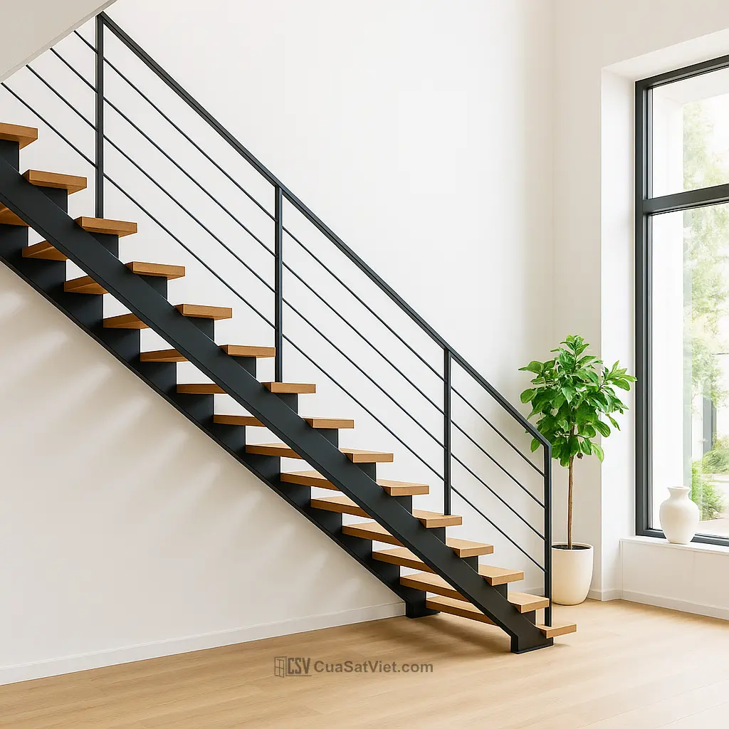 Cầu thang sắt tay vịn gỗ cho nhà nhỏ giúp tối ưu diện tích hiệu quả