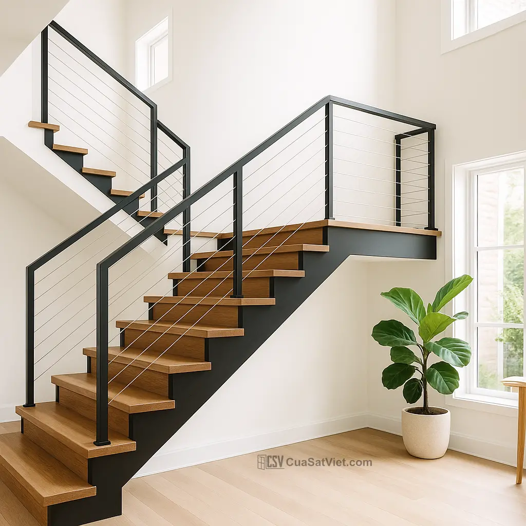 Trụ tròn tạo sự mềm mại, thanh lịch cho cầu thang sắt tay vịn gỗ cổ điển