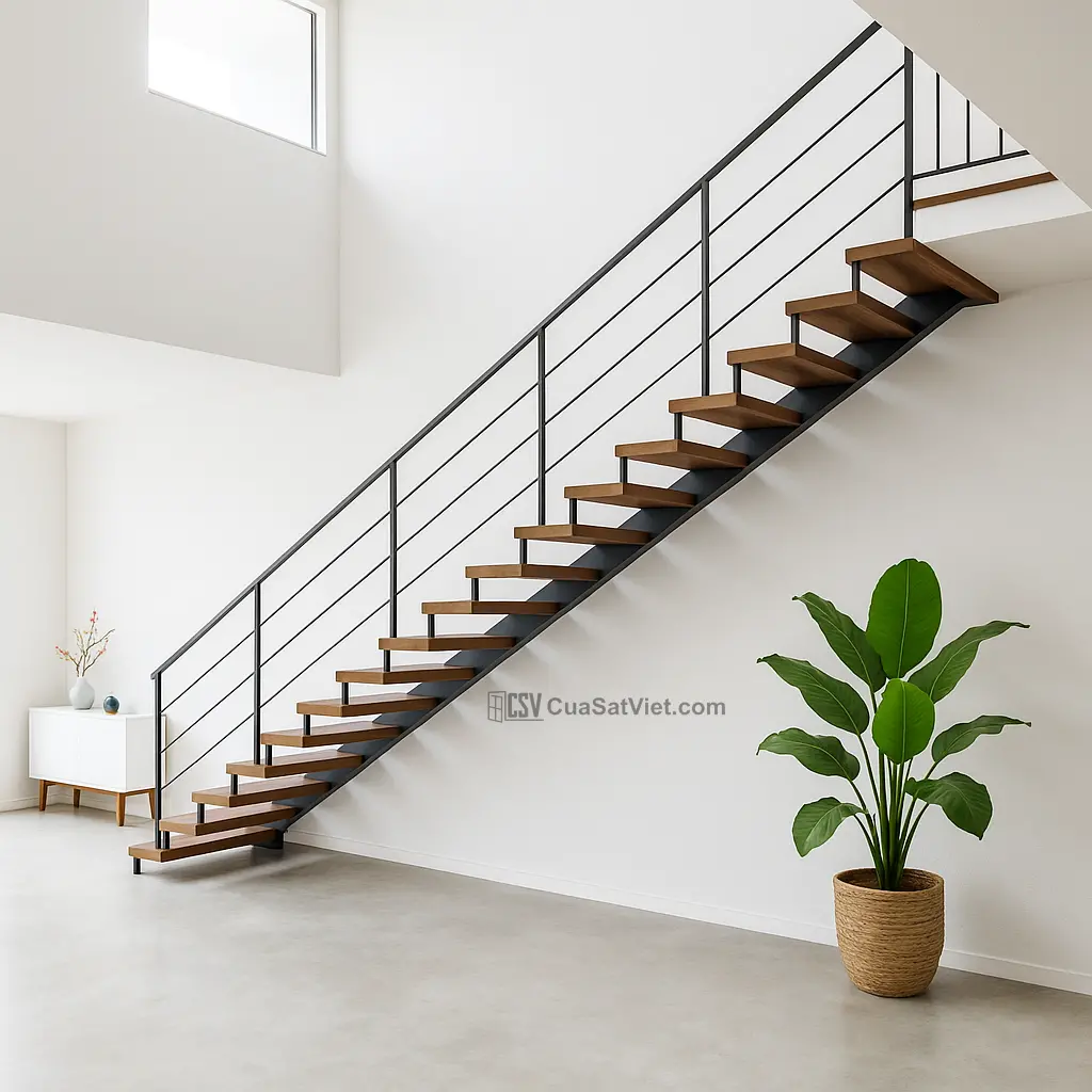 Thiết kế không trụ giúp cầu thang sắt tay vịn gỗ thêm phần thông thoáng