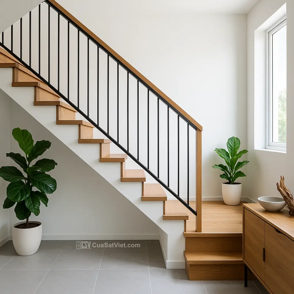 Vẻ đẹp châu Âu thể hiện rõ nét qua mẫu cầu thang sắt tay vịn gỗ thanh lịch