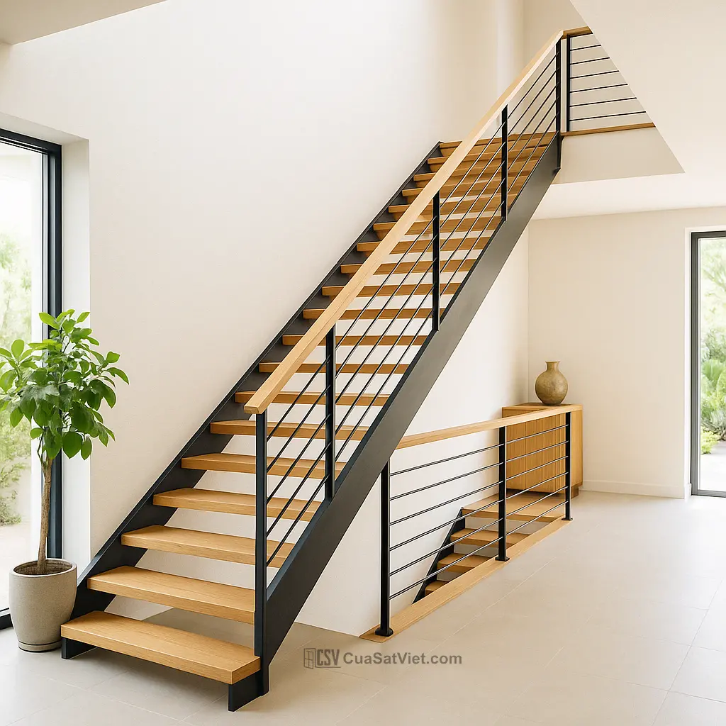 Kiểu xương cá tạo vẻ hiện đại, độc đáo cho cầu thang sắt tay vịn gỗ