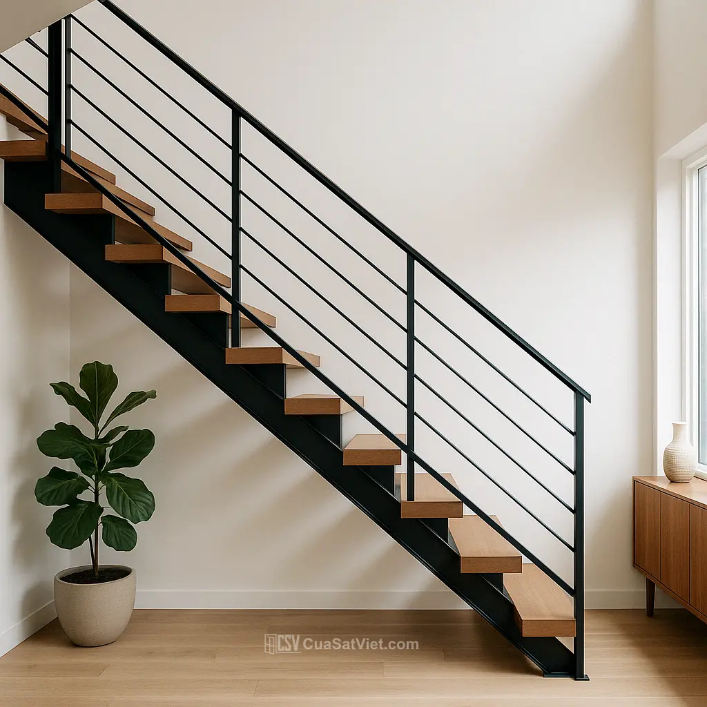 Thiết kế cho nhà cấp 4 giúp cầu thang sắt tay vịn gỗ gọn nhẹ và tiện lợi