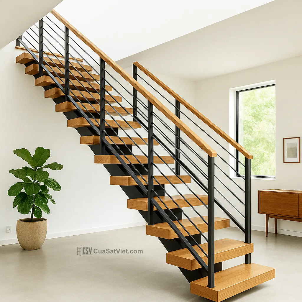 Mặt bậc kính tạo nét thanh thoát, tăng ánh sáng cho cầu thang sắt tay vịn gỗ