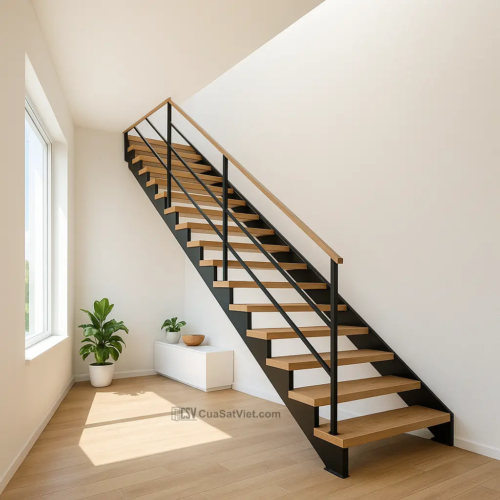 Tay vịn inox tăng độ bền và tạo điểm nhấn hiện đại cho cầu thang sắt gỗ