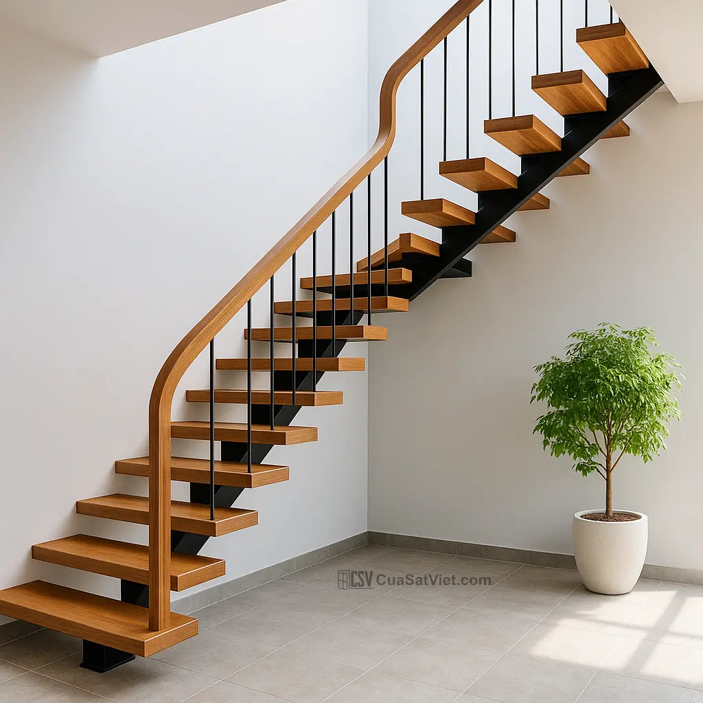 Cầu thang sắt tay vịn gỗ ngoài trời được xử lý chống chịu thời tiết hiệu quả