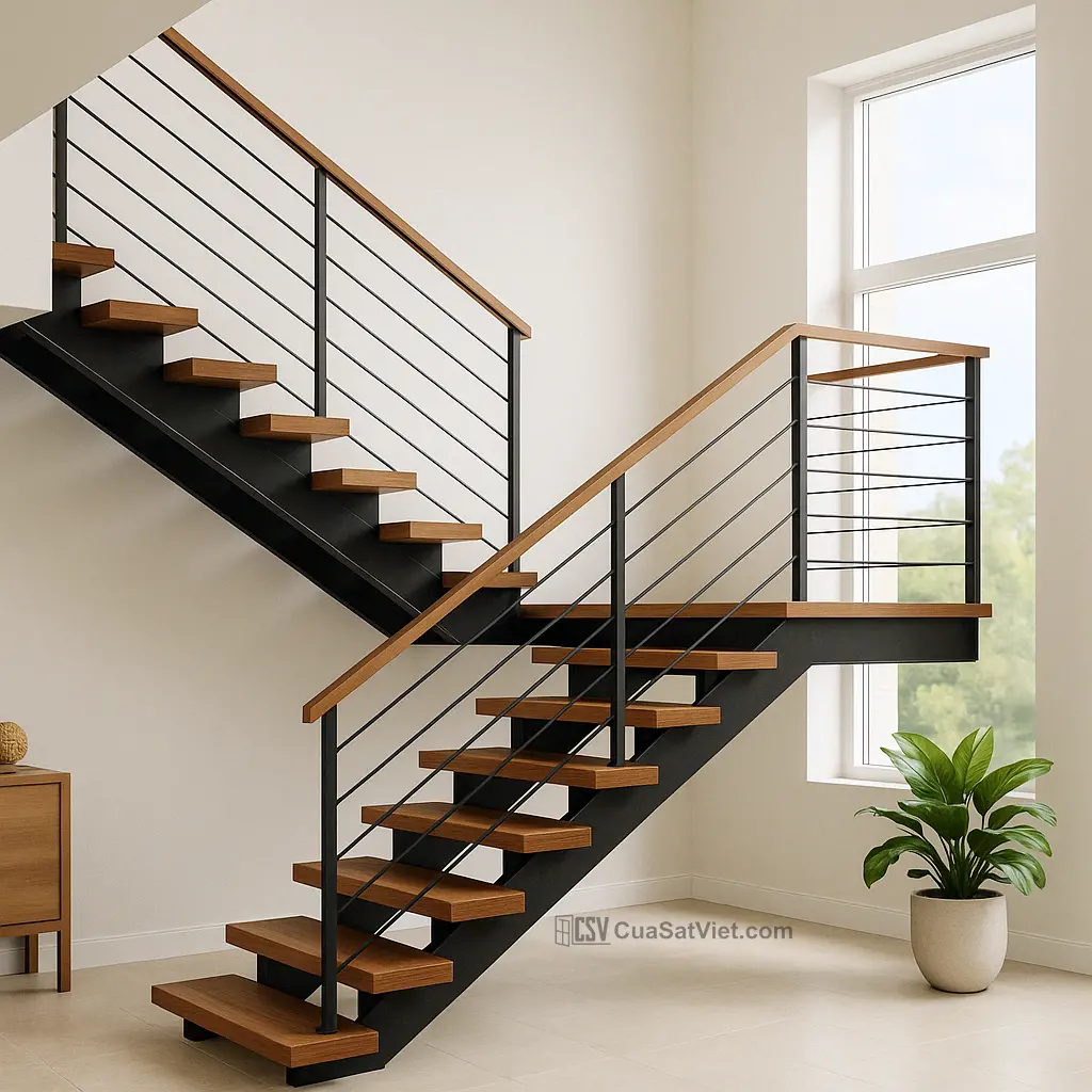 Kính kết hợp với cầu thang sắt tay vịn gỗ tạo cảm giác rộng rãi và sáng sủa