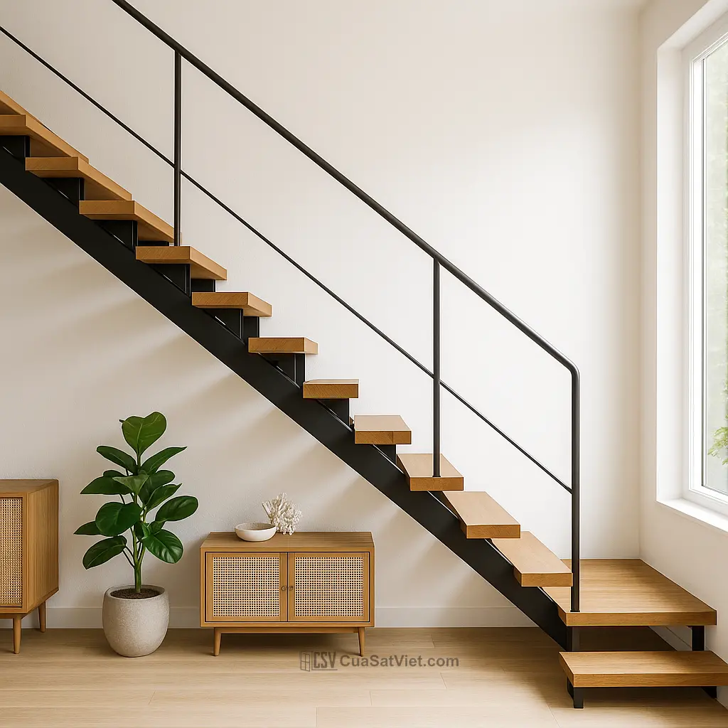 Lớp sơn tĩnh điện bảo vệ cầu thang sắt tay vịn gỗ khỏi tác động thời tiết