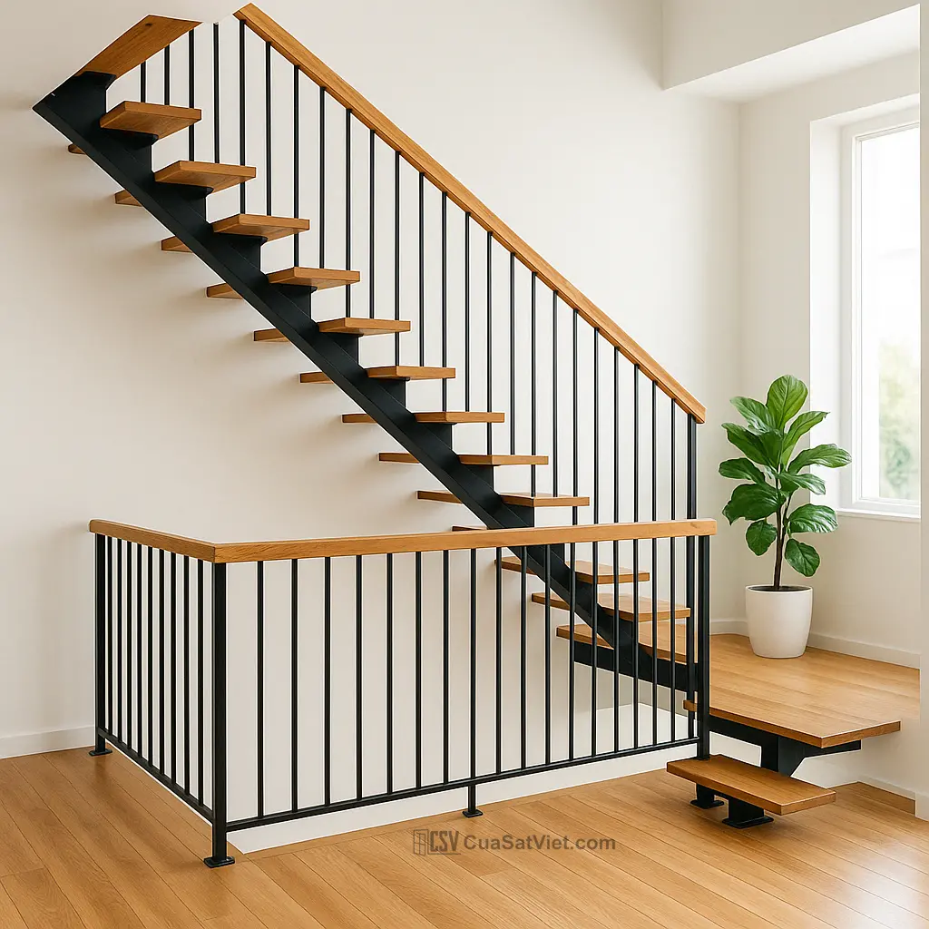 Cầu thang sắt tay vịn gỗ chống gỉ đảm bảo độ bền và an toàn lâu dài