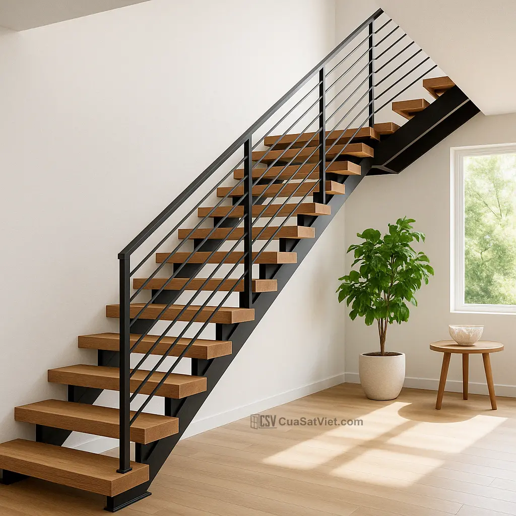 Thiết kế xoắn ốc giúp cầu thang sắt tay vịn gỗ tiết kiệm diện tích hiệu quả