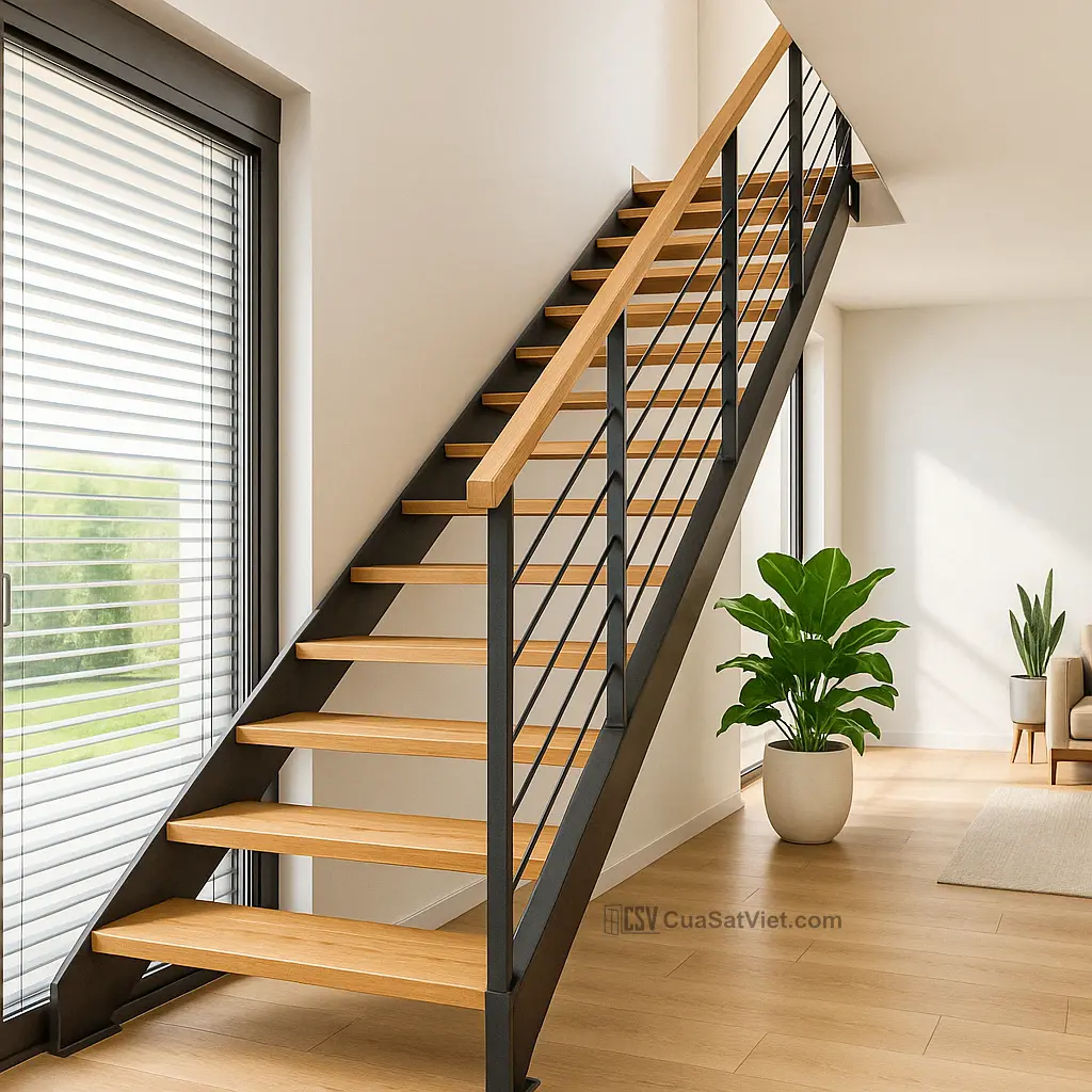 Cầu thang sắt tay vịn gỗ màu nâu mang đến cảm giác ấm áp và gần gũi