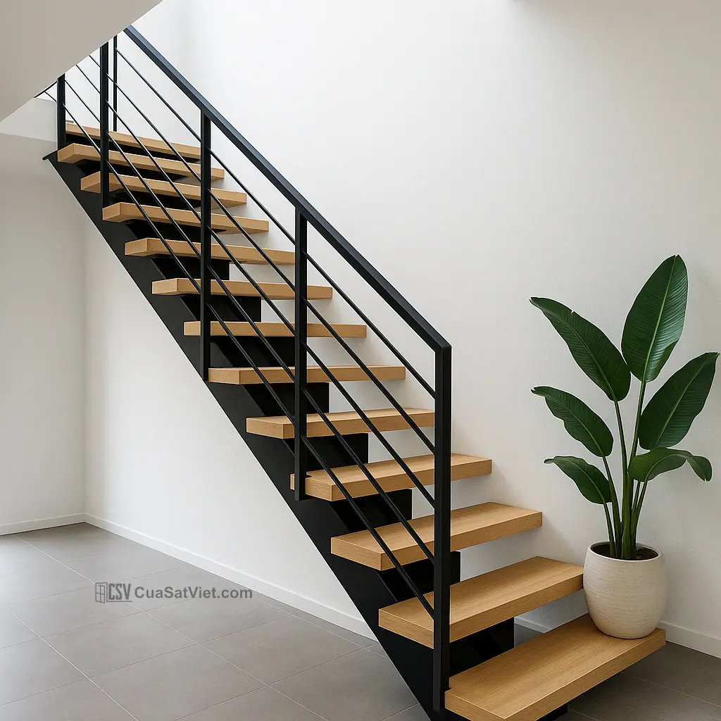Thiết kế cầu thang sắt tay vịn gỗ nhà phố tối ưu hóa diện tích và thẩm mỹ