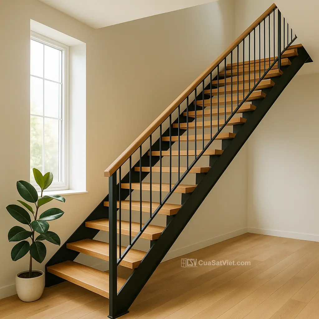 Họa tiết cầu kỳ giúp cầu thang tay vịn gỗ trở thành tâm điểm không gian sống