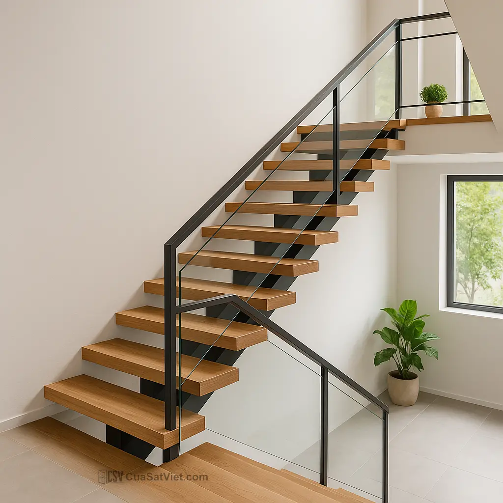 Cầu thang sắt mỹ thuật kết hợp đá tạo sự chắc chắn và vẻ đẹp khác biệt