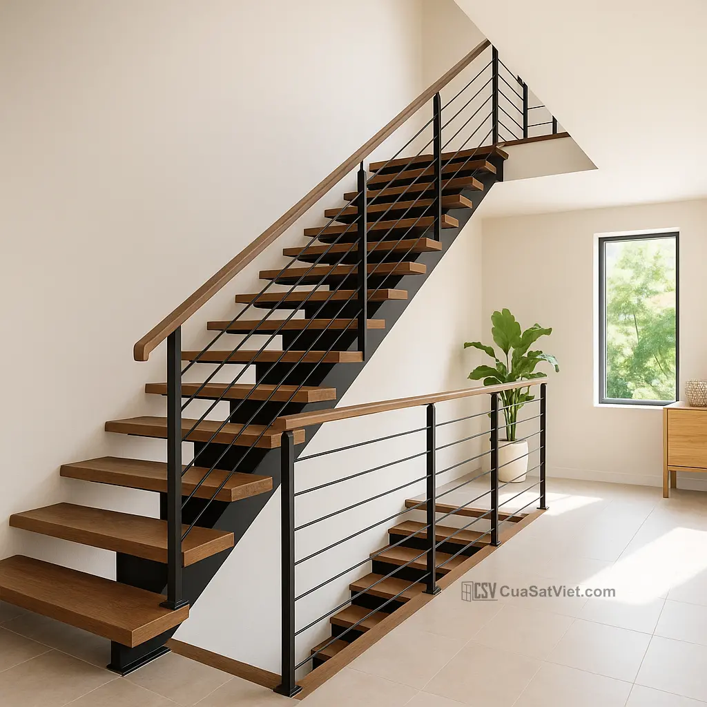 Sự kết hợp cầu thang sắt mỹ thuật và kính tạo cảm giác mở rộng không gian