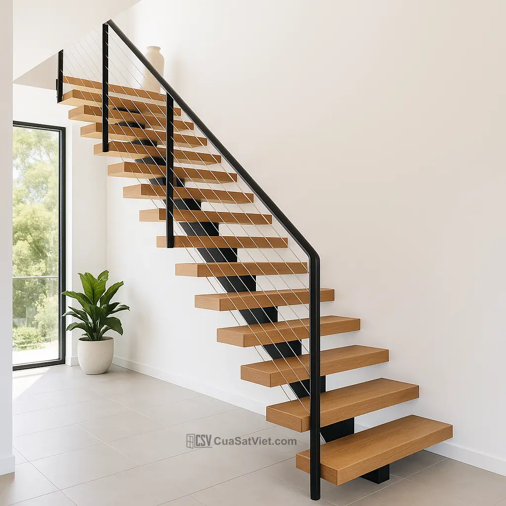 Cầu thang sắt mỹ thuật kết hợp gỗ thể hiện sự cân đối giữa mềm mại và chắc chắn