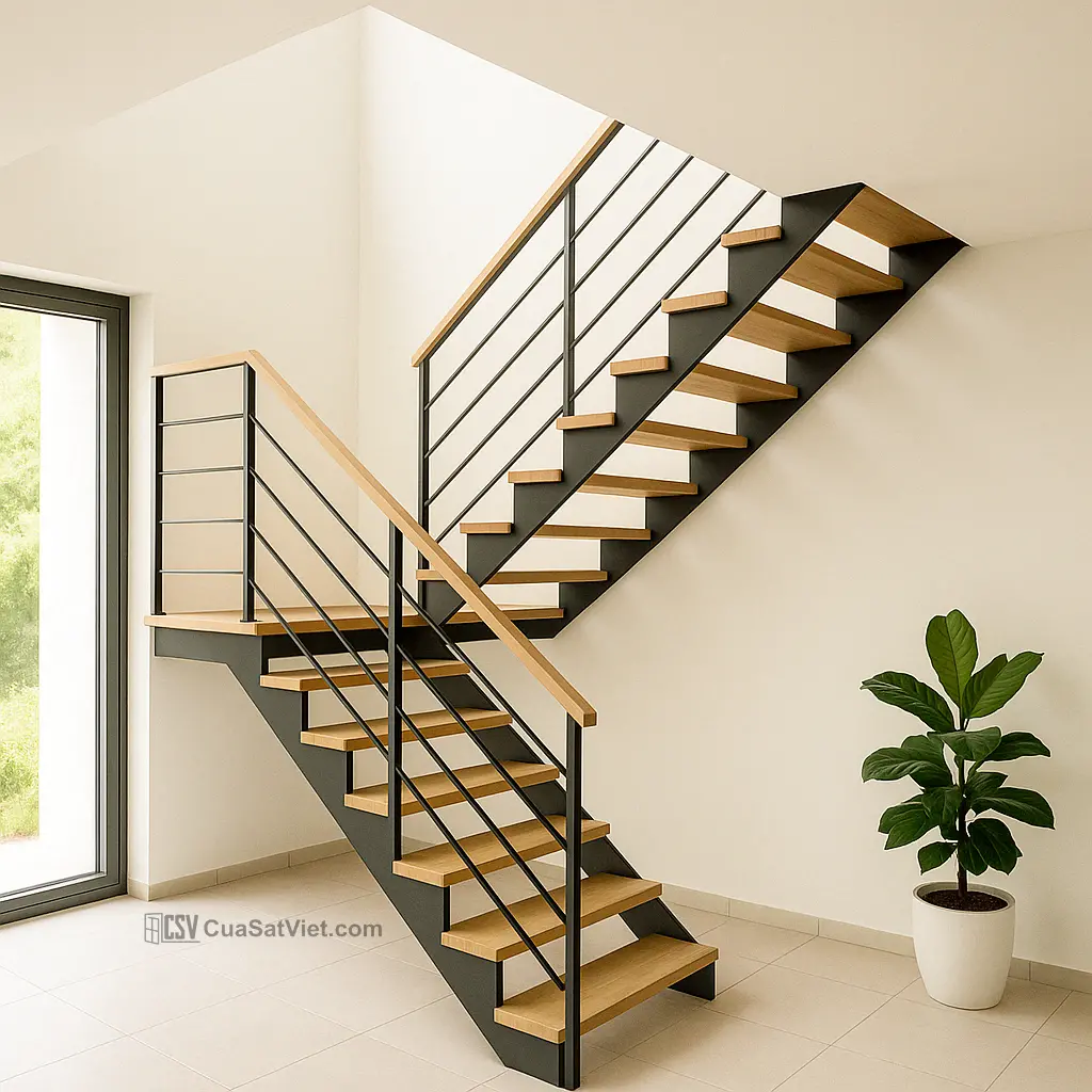 Cầu thang sắt mỹ thuật bản to gây ấn tượng với sự vững chãi, mạnh mẽ