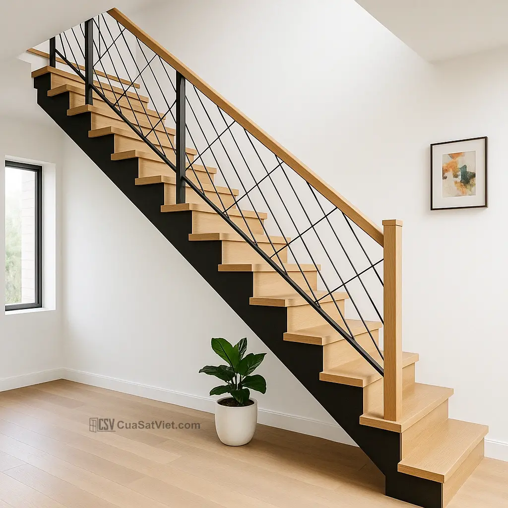 Kiểu cầu thang sắt lan can kính với kết cấu chắc chắn và đẹp mắt