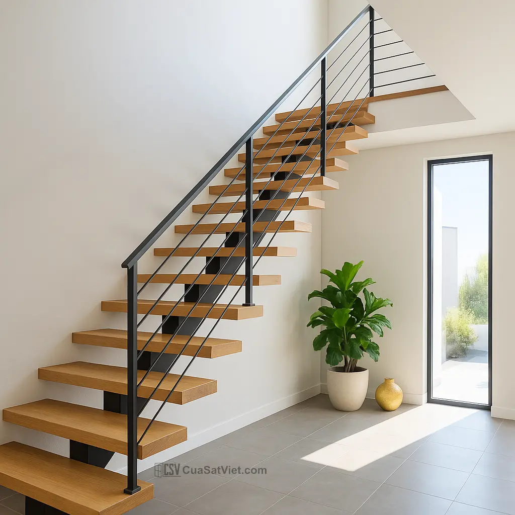 Thiết kế cầu thang sắt lan can lưới thép phù hợp với nhiều không gian nội thất