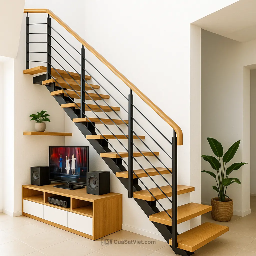 Cầu thang sắt hiện đại phối gỗ nhựa bền màu, phù hợp nhà ở ven biển