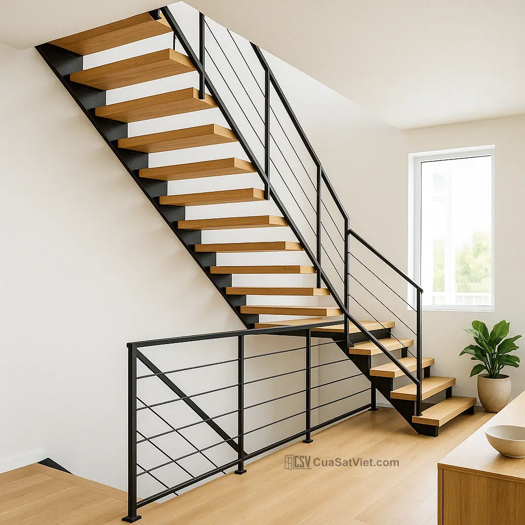Cầu thang sắt hiện đại ngoài trời kiểu gấp khúc tăng tính linh hoạt cho thiết kế