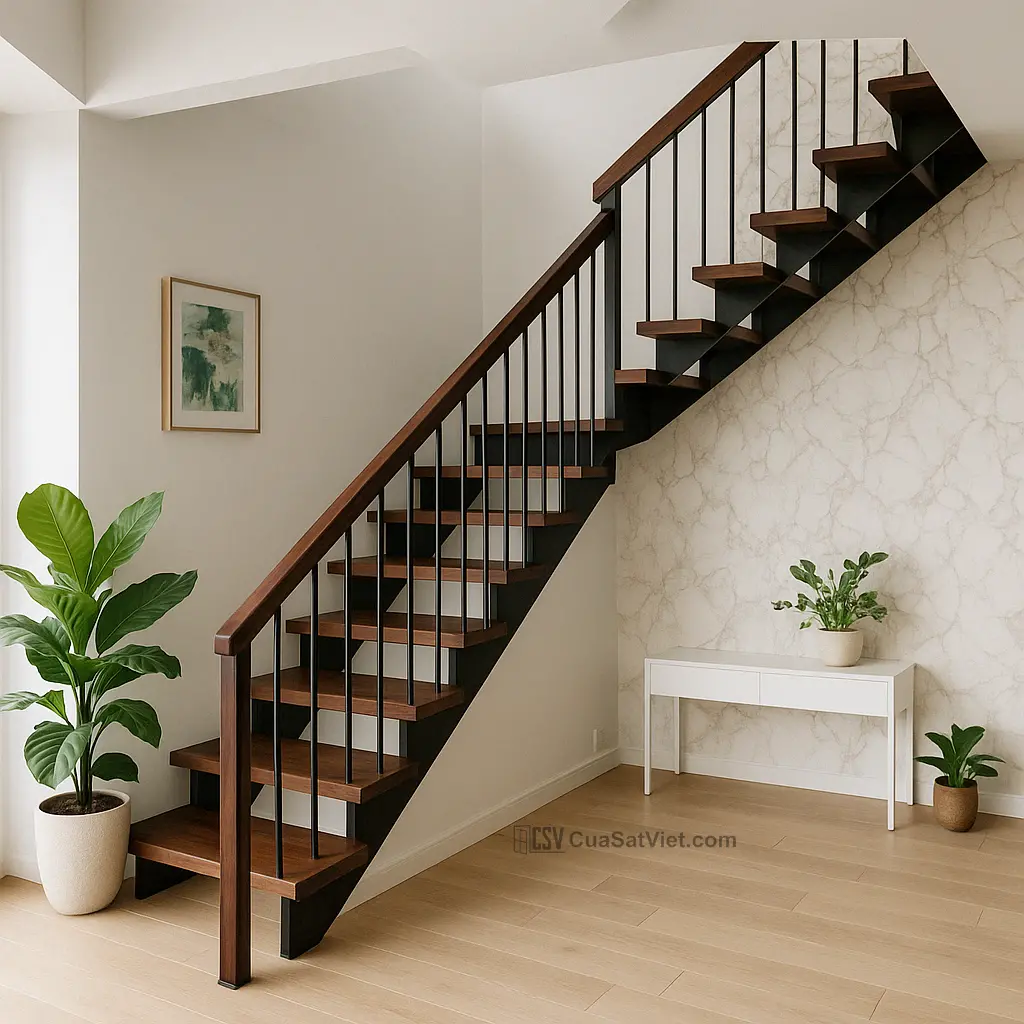 Cầu thang sắt hiện đại phối vật liệu đá granite chắc chắn, tăng giá trị nội thất