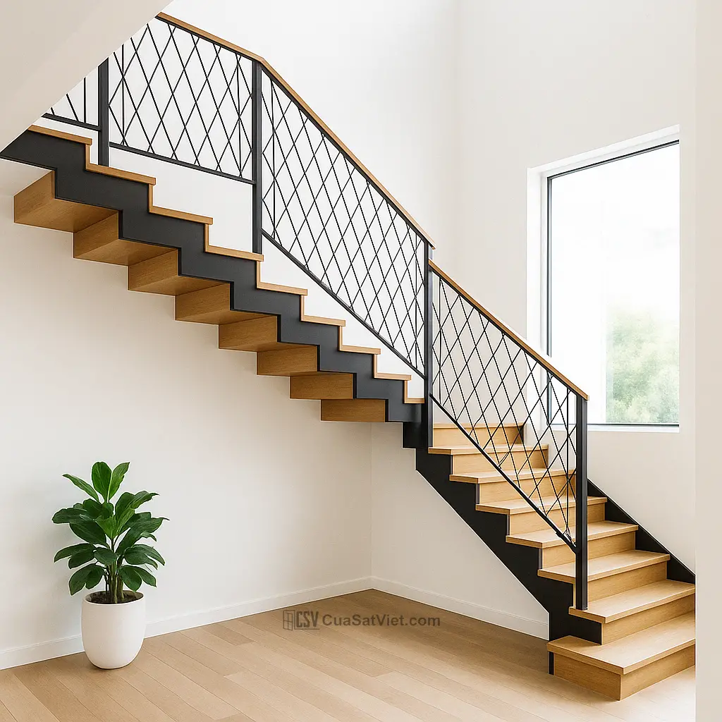 Cầu thang sắt hiện đại phối kính mờ giữ sự riêng tư, lấy sáng nhẹ nhàng cho nhà ở