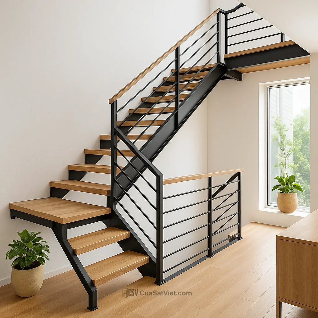 Cầu thang sắt hiện đại ngoài trời kiểu thanh ngang chắc chắn, tăng sự thông thoáng