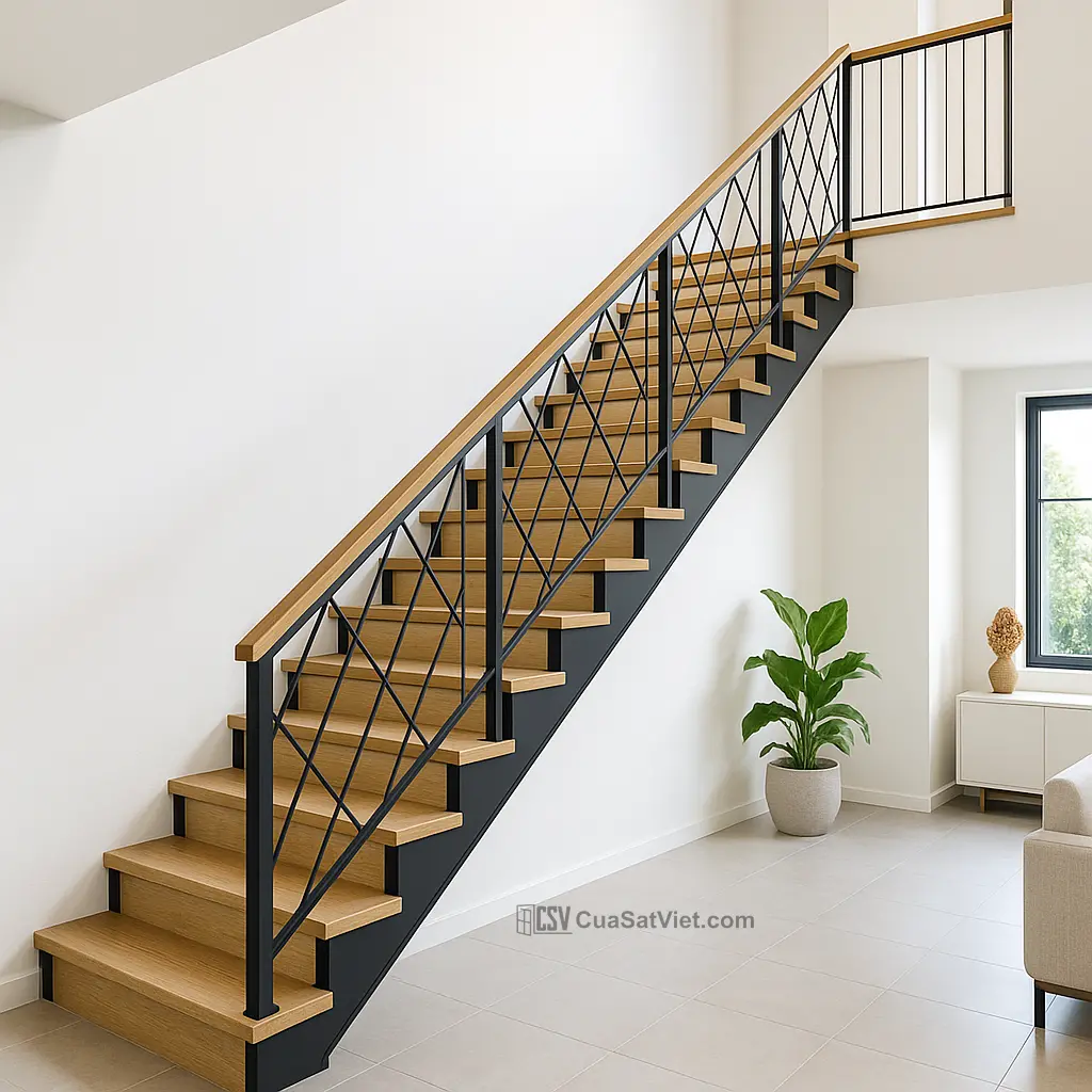 Chi tiết cầu thang sắt uốn cong tạo điểm nhấn ấn tượng cho ngôi nhà