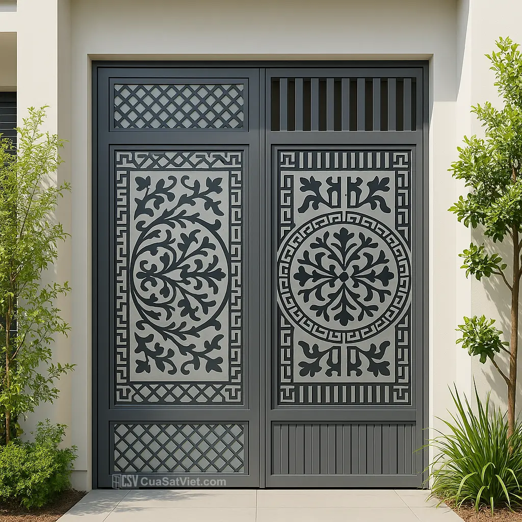 Thiết kế mẫu cửa sắt 2 cánh bản nhỏ phù hợp cho các căn hộ hiện đại và nhỏ gọn.