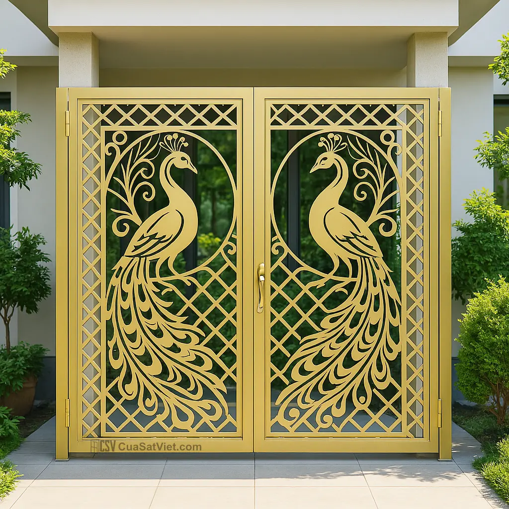 Mẫu cửa sắt 2 cánh phủ sơn cao cấp giúp căn nhà thêm phần thoáng đãng mà vẫn đảm bảo riêng tư.