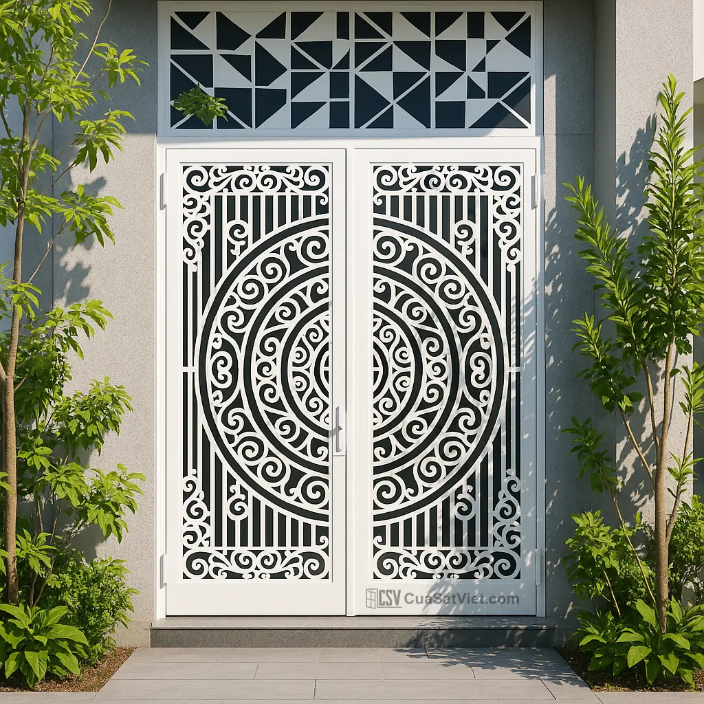 Mẫu cửa sắt 2 cánh kết hợp kính thiết kế hiện đại, giúp tối ưu hóa diện tích sử dụng.