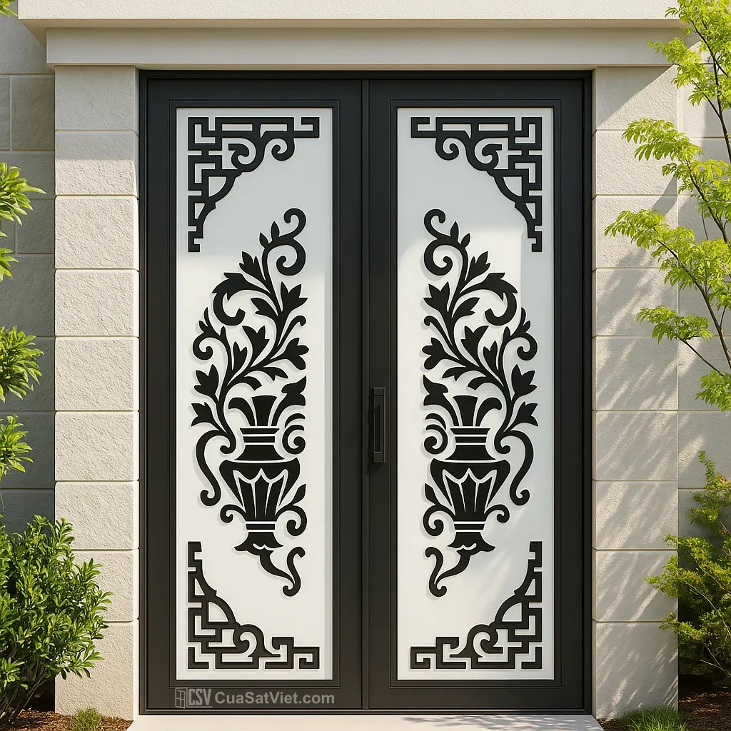 Mẫu cửa sắt 2 cánh phong cách Á Đông giúp căn nhà thêm phần thoáng đãng mà vẫn đảm bảo riêng tư.