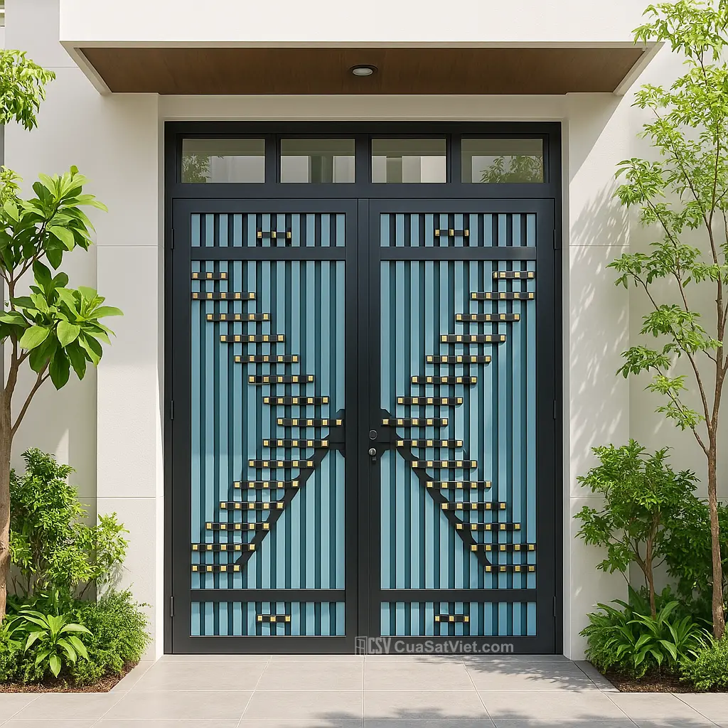 Mẫu cửa sắt 2 cánh nhà phố thiết kế hiện đại, giúp tối ưu hóa diện tích sử dụng.