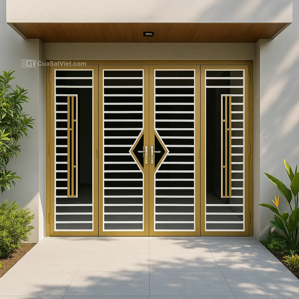 Mẫu ánh kim nhẹ tạo điểm nhấn lấp lánh cho cửa sắt 4 cánh đơn giản ban ngày