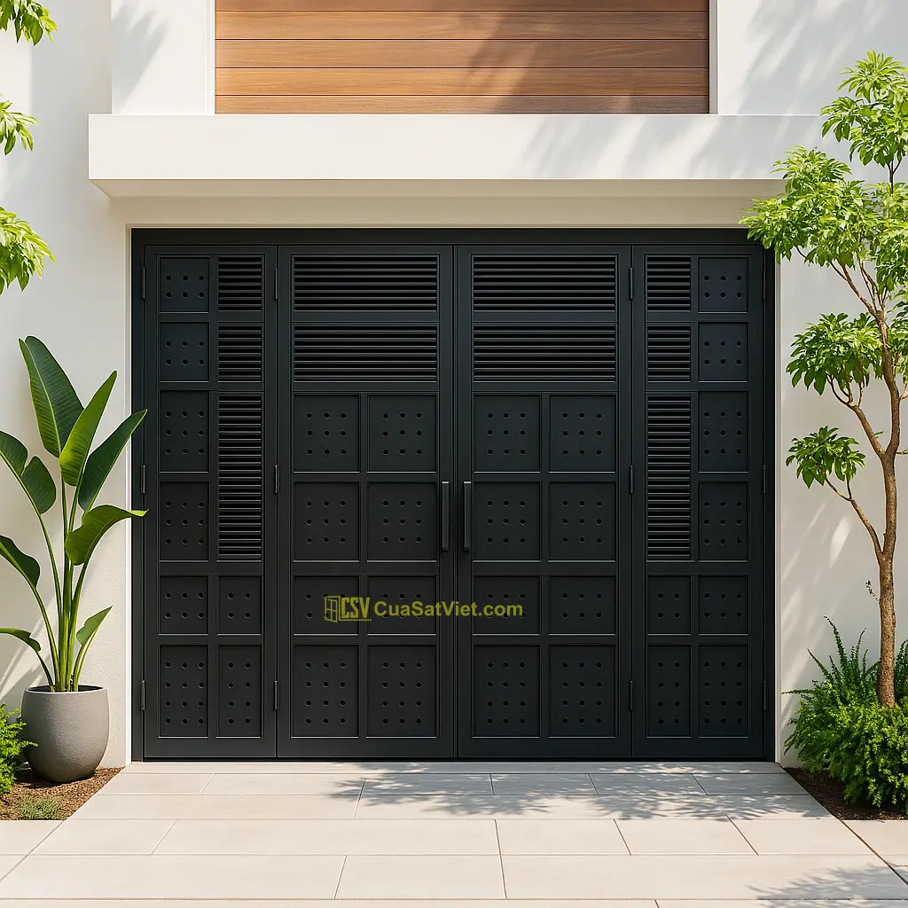 Sự sáng sủa từ cửa sắt 4 cánh mặt tiền màu trắng làm sáng mặt tiền tổng thể