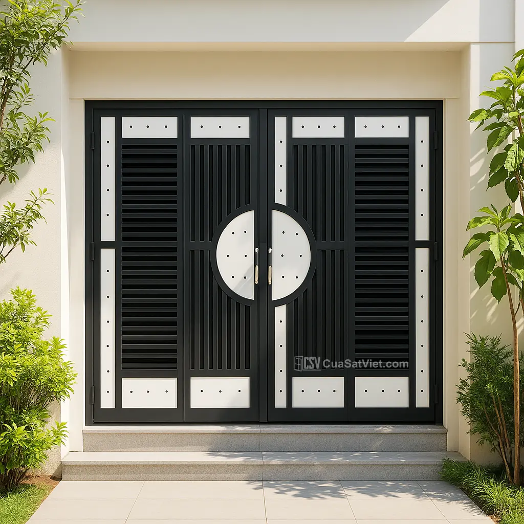 Chi tiết nhẹ nhàng giúp cửa sắt 4 cánh mặt tiền tinh tế và thanh thoát hơn