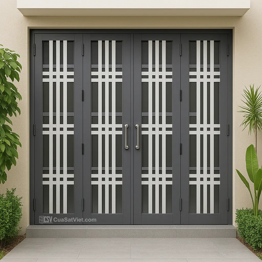 Cửa sắt 4 cánh đơn giản kiểu lưới giúp tăng độ thoáng mà vẫn giữ an toàn cho nhà ở