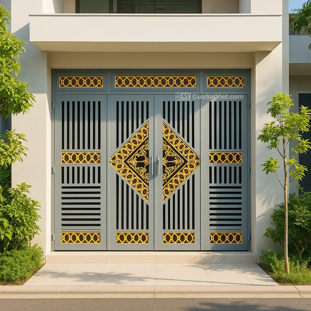 Viền cong nhẹ nhàng giúp cửa sắt 4 cánh đơn giản mềm mại hơn trong bố cục tổng thể