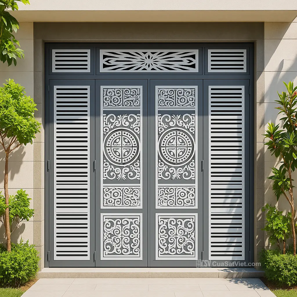 Thiết kế lệch cánh giúp cửa sắt 4 cánh mặt tiền phá cách và cân đối