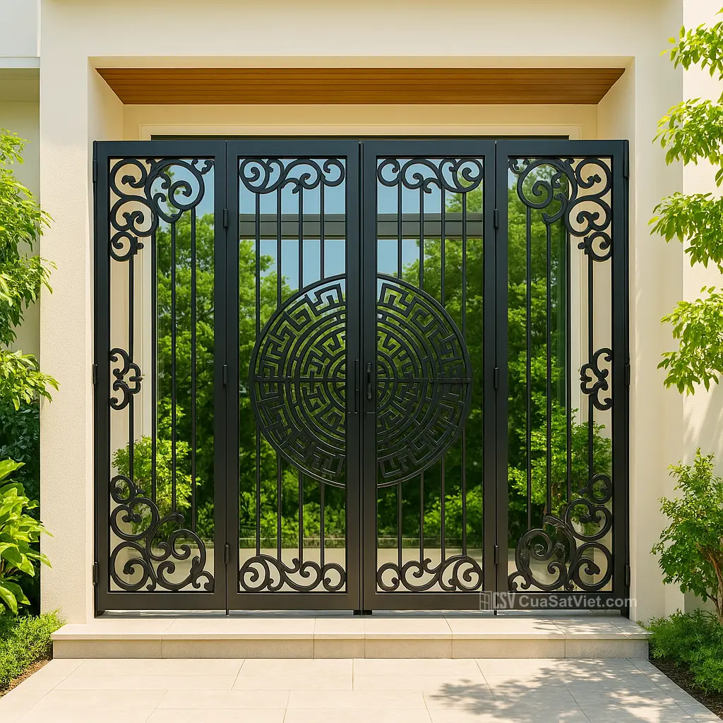 Cửa sắt 4 cánh mặt tiền có mái che giúp tránh nắng mưa và tăng tuổi thọ cửa