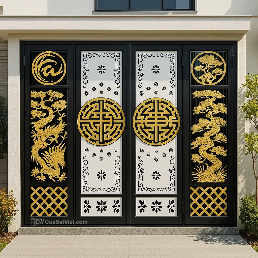 Mẫu cửa sắt 4 cánh mặt tiền kiểu Hàn nhẹ nhàng, thanh lịch, phù hợp nhà trẻ