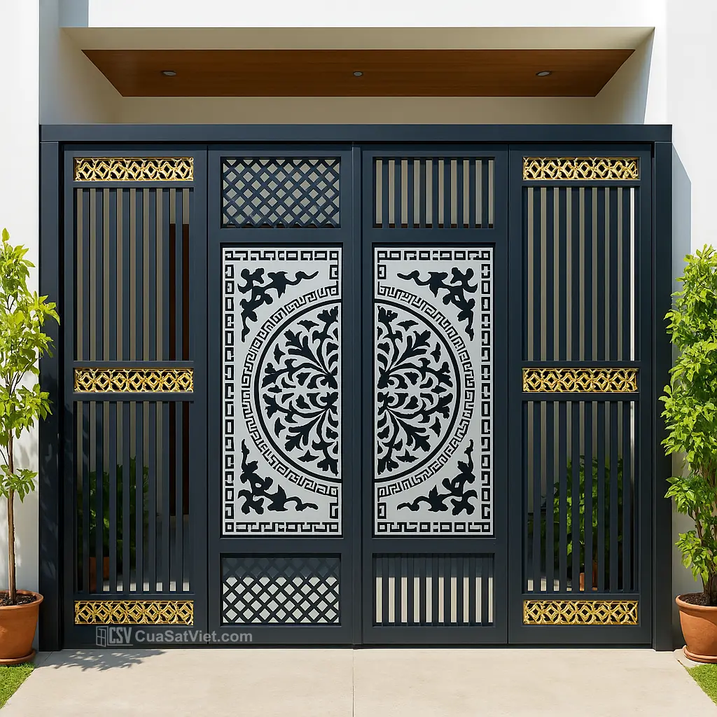 Cửa sắt 4 cánh mặt tiền dùng khóa cơ truyền thống đảm bảo an toàn cơ bản