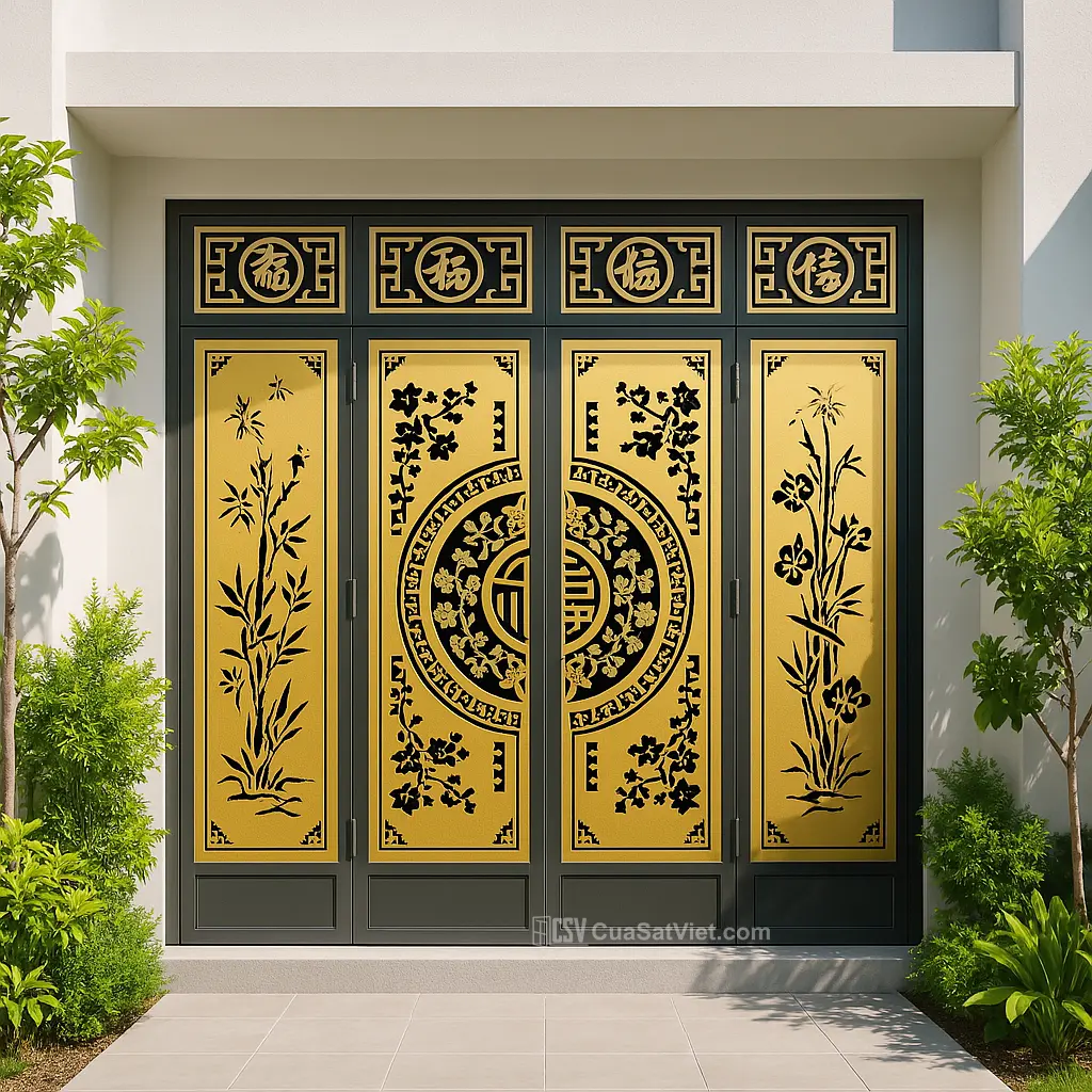 Mẫu cửa sắt 4 cánh đẹp góc cạnh mềm mại giúp ngôi nhà thêm phần nổi bật và an toàn