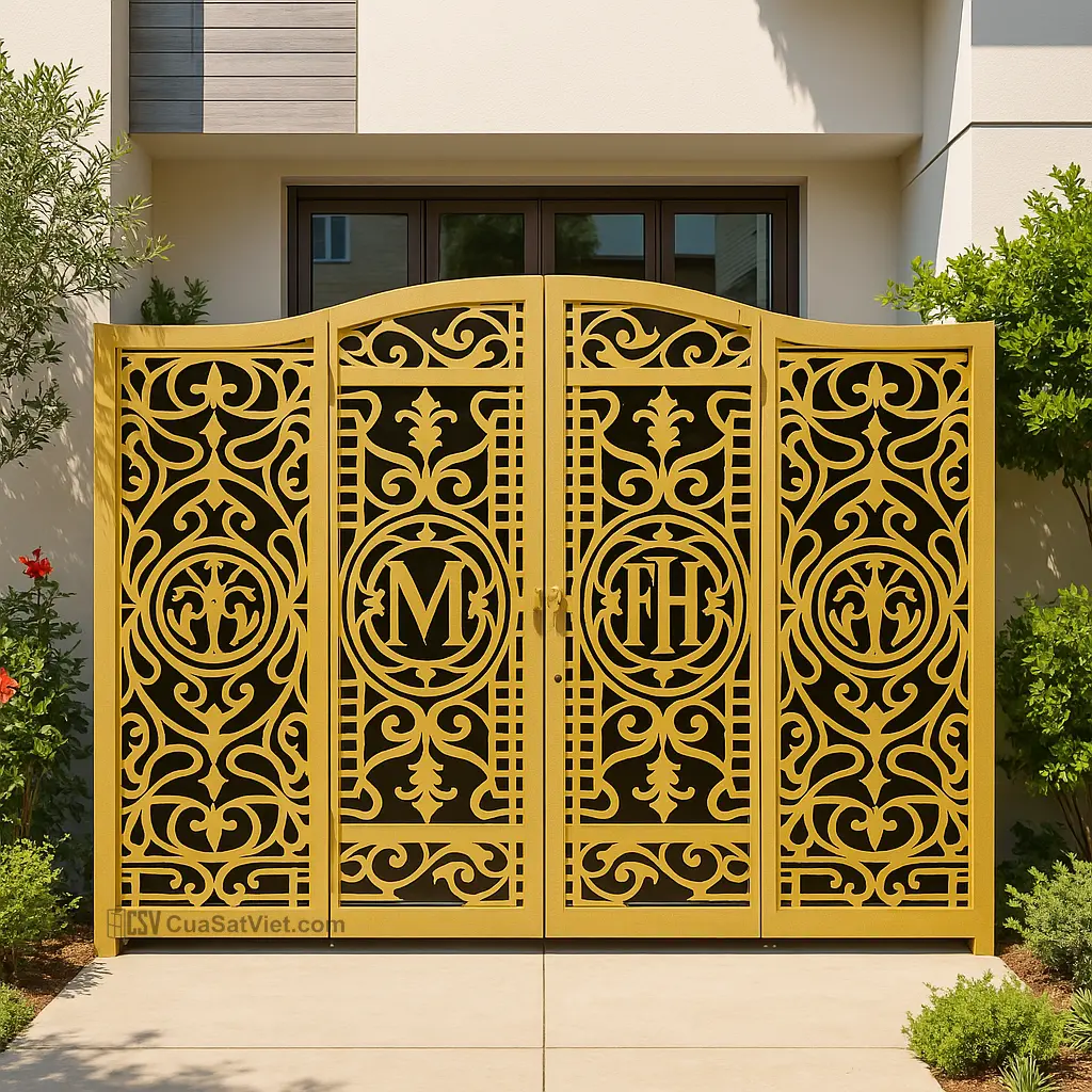 Màu đen giúp cổng CNC nổi bật mạnh mẽ, dễ phối với kiến trúc hiện đại